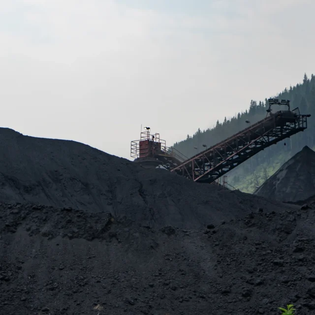 Coal-derived products – coal heaps and a conveyor installation in an industrial plant against the backdrop of forest and mountains.