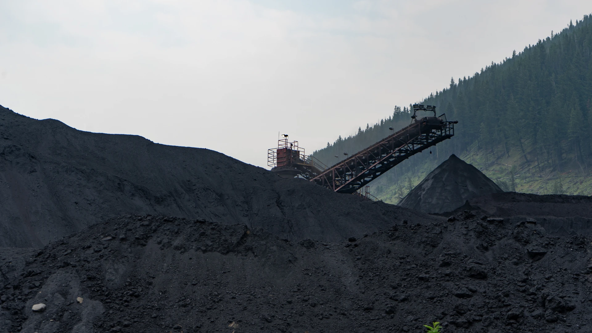 Coal-derived products – coal heaps and a conveyor installation in an industrial plant against the backdrop of forest and mountains.