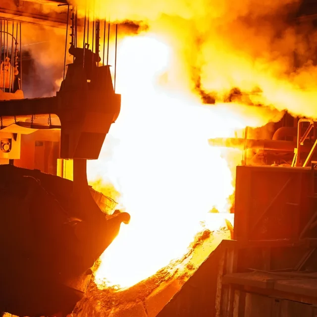 Ferroalloys – the smelting process in a steelworks with visible molten metal and the intense heat of an industrial furnace.